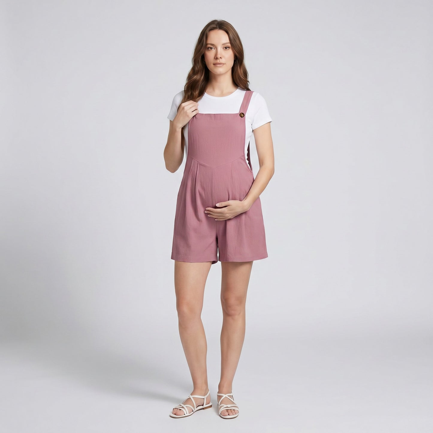 Maternity Overall Romper with Pleated Front and Button Strap Details