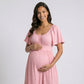 Pleated Maternity Maxi Dress with Flutter Sleeves and Tiered Skirt
