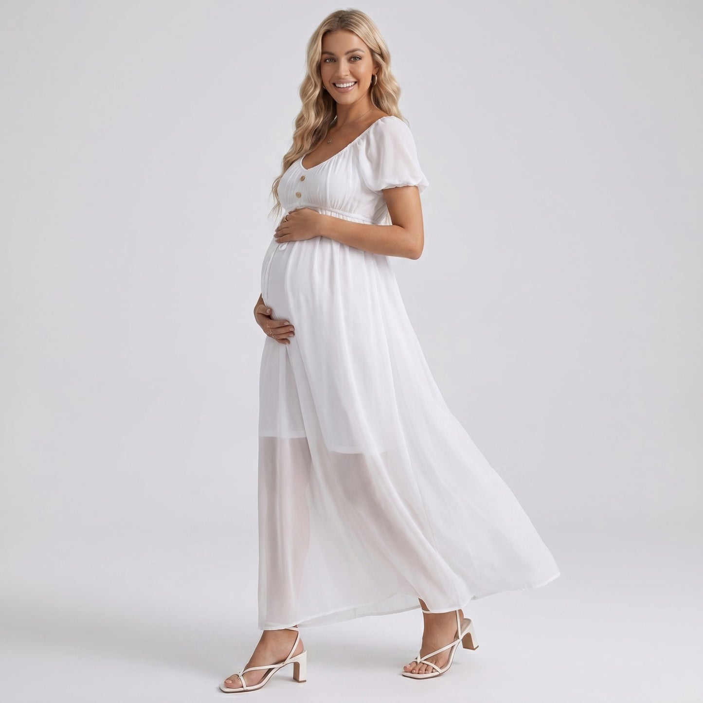 Puff Sleeve Maternity Maxi Dress with Button Front and Tie Detail