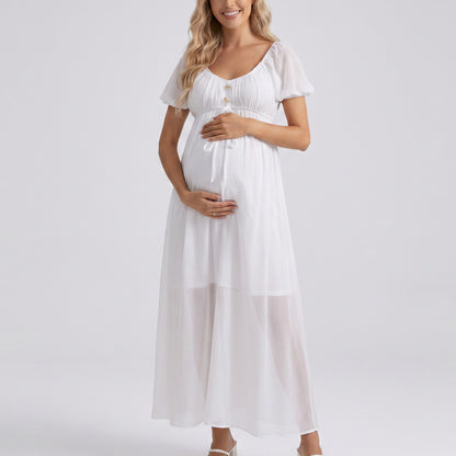 Puff Sleeve Maternity Maxi Dress with Button Front and Tie Detail