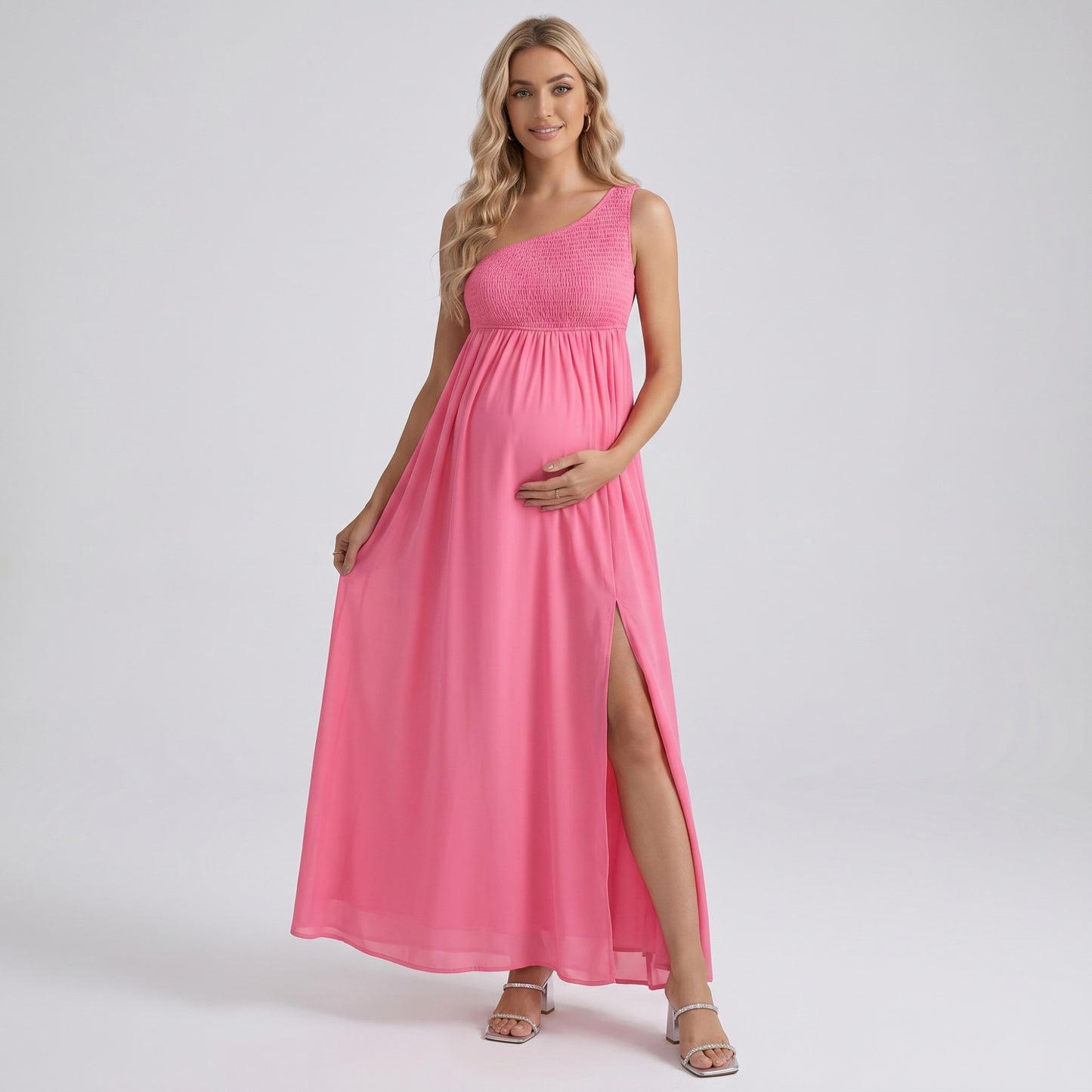 One Shoulder Maternity Maxi Dress with Smocked Bodice and Flowing Skirt