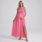 One Shoulder Maternity Maxi Dress with Smocked Bodice and Flowing Skirt