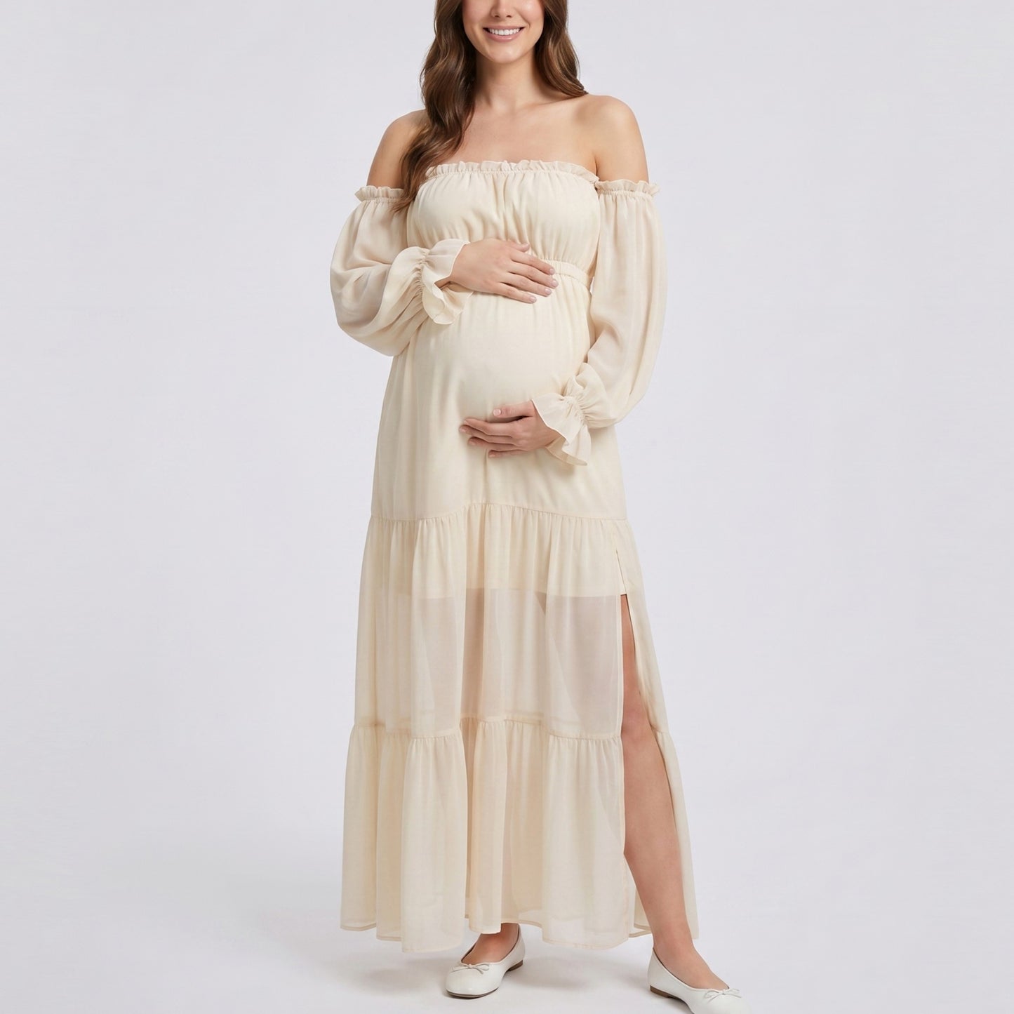 Off Shoulder Maternity Maxi Dress with Sheer Long Sleeves and Tiered Skirt