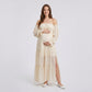 Off Shoulder Maternity Maxi Dress with Sheer Long Sleeves and Tiered Skirt