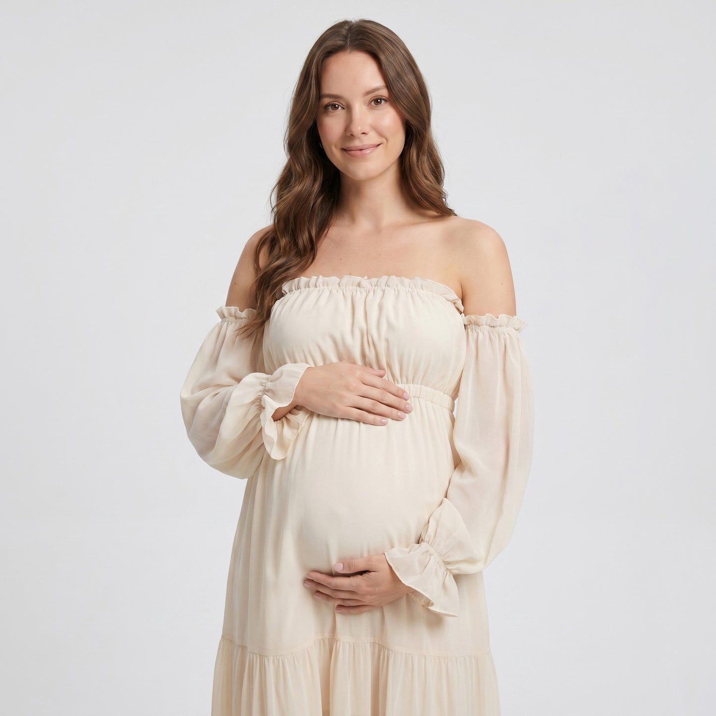 Off Shoulder Maternity Maxi Dress with Sheer Long Sleeves and Tiered Skirt