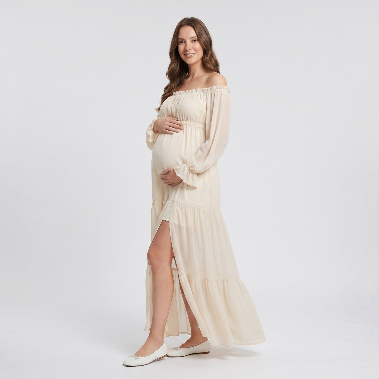 Off Shoulder Maternity Maxi Dress with Sheer Long Sleeves and Tiered Skirt