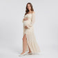 Off Shoulder Maternity Maxi Dress with Sheer Long Sleeves and Tiered Skirt