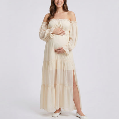 Off Shoulder Maternity Maxi Dress with Sheer Long Sleeves and Tiered Skirt