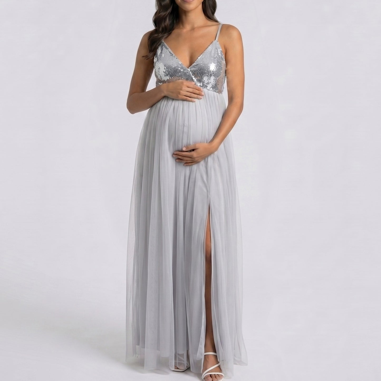 Sequin Bodice Maternity Maxi Dress with Tulle Skirt and Front Slit