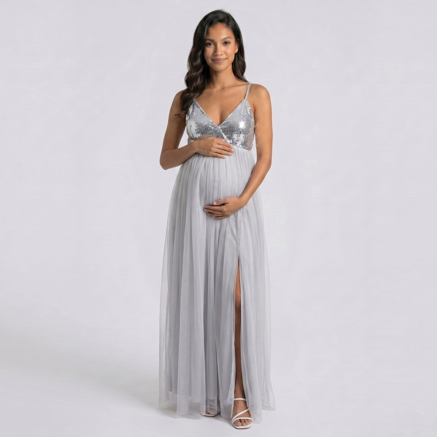 Sequin Bodice Maternity Maxi Dress with Tulle Skirt and Front Slit