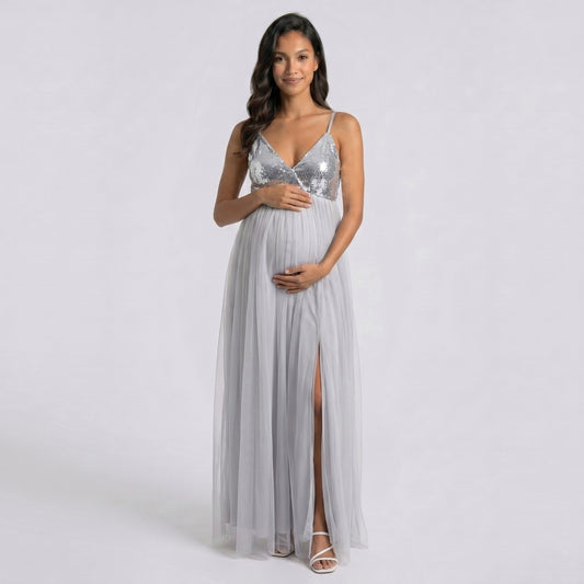Sequin Bodice Maternity Maxi Dress with Tulle Skirt and Front Slit