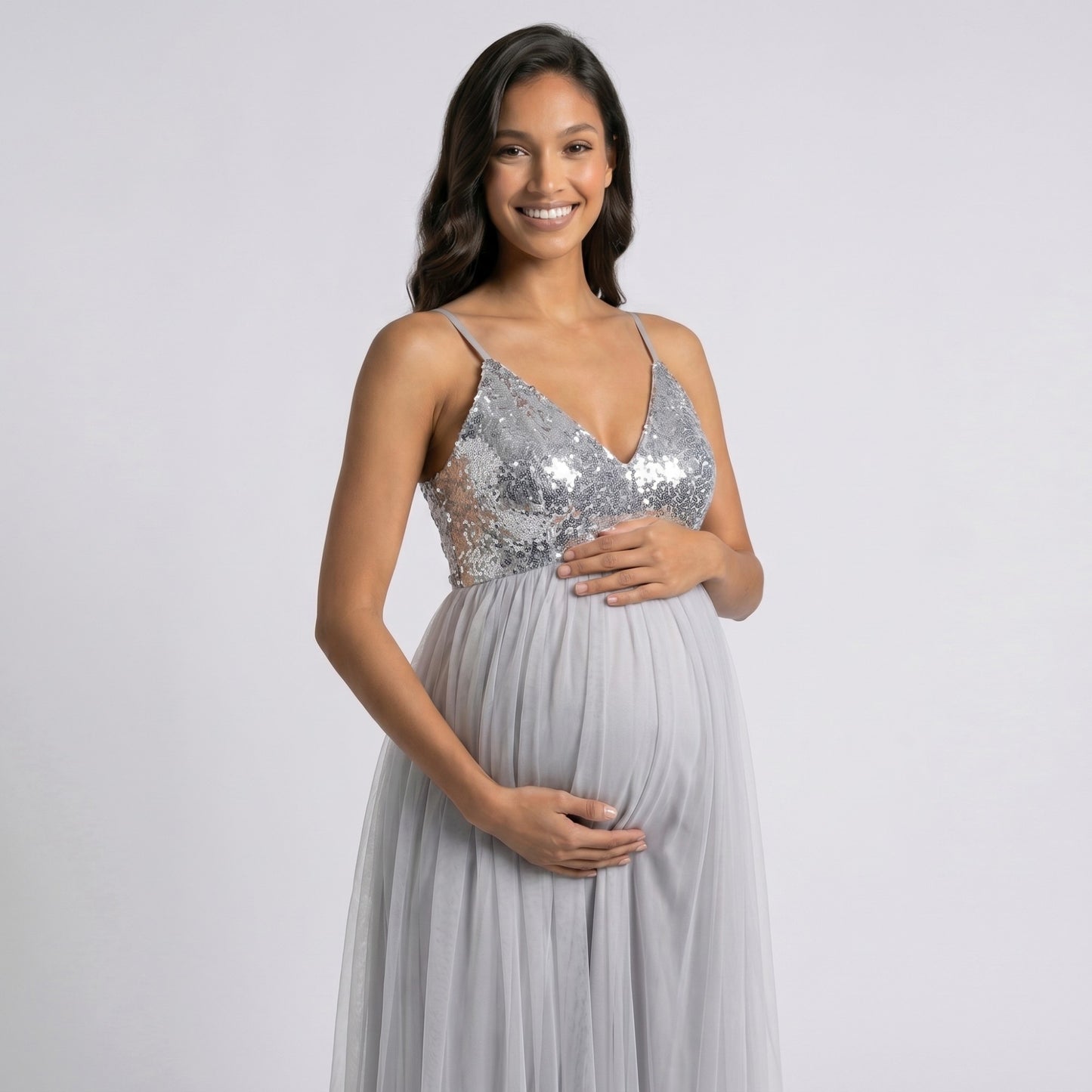 Sequin Bodice Maternity Maxi Dress with Tulle Skirt and Front Slit