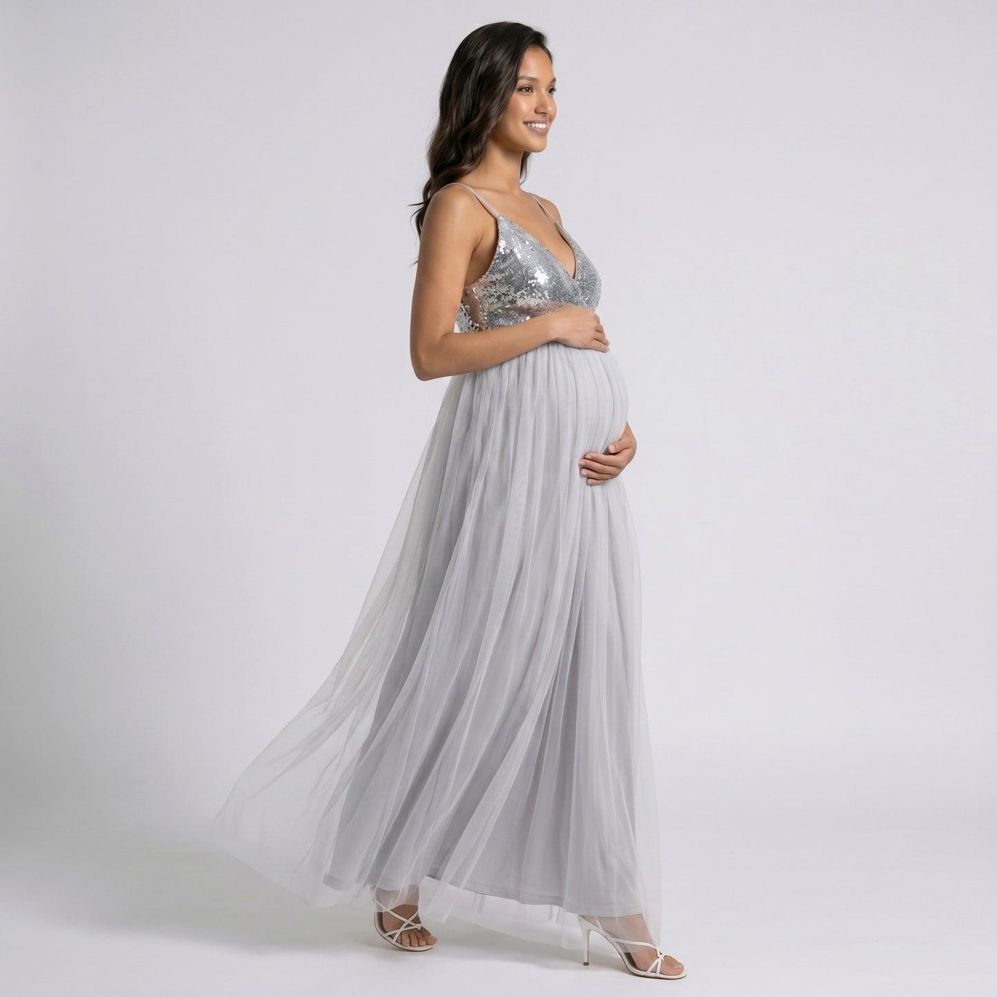 Sequin Bodice Maternity Maxi Dress with Tulle Skirt and Front Slit