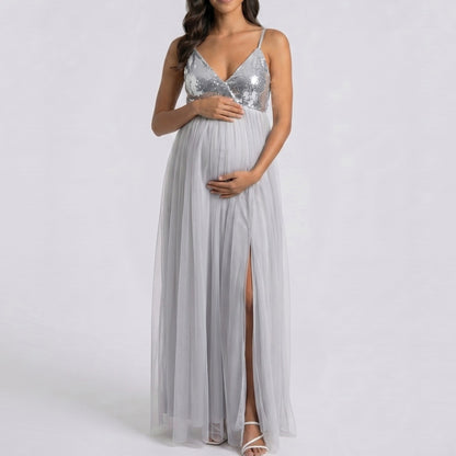 Sequin Bodice Maternity Maxi Dress with Tulle Skirt and Front Slit