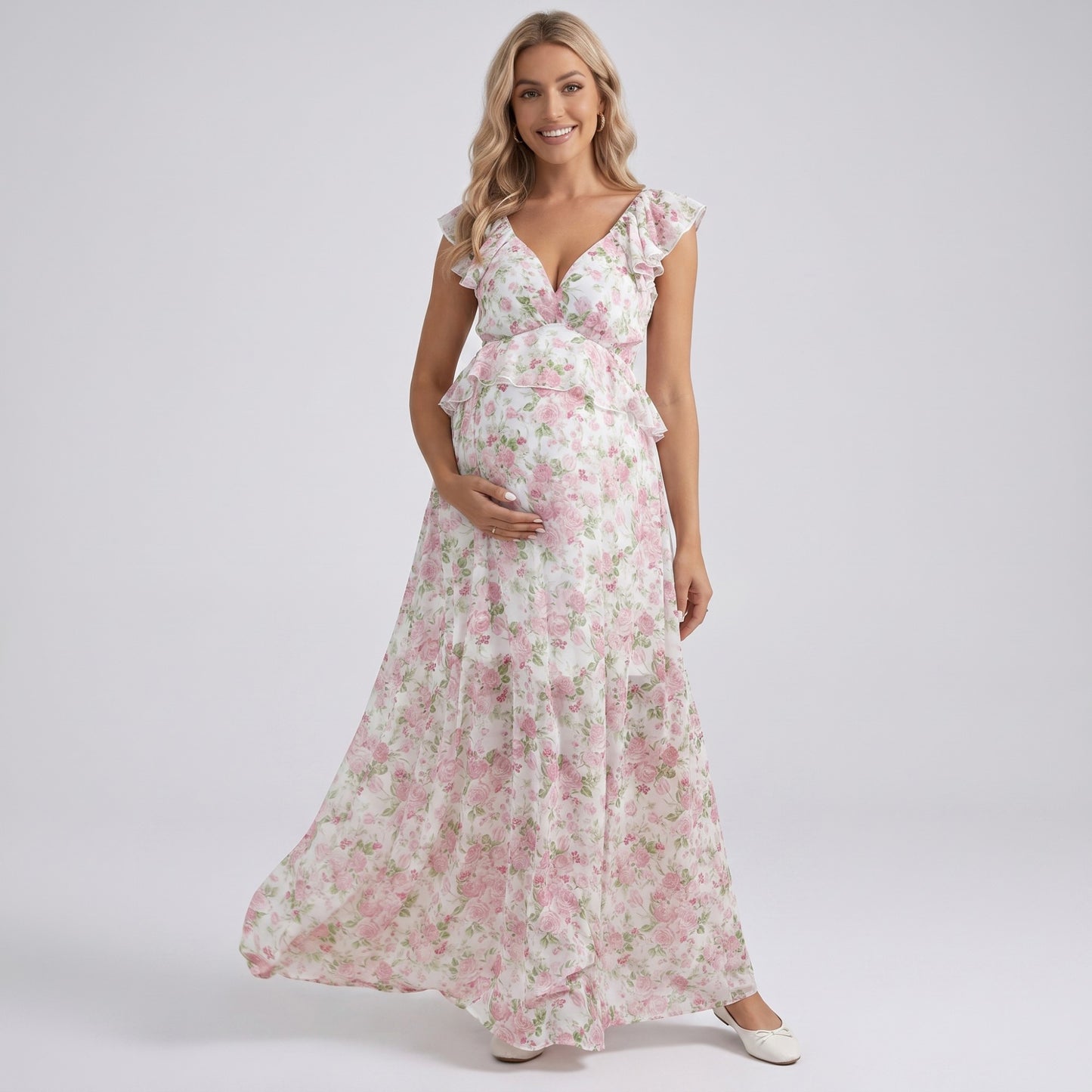 Floral Maternity Maxi Dress with Ruffle Sleeves and Empire Waist