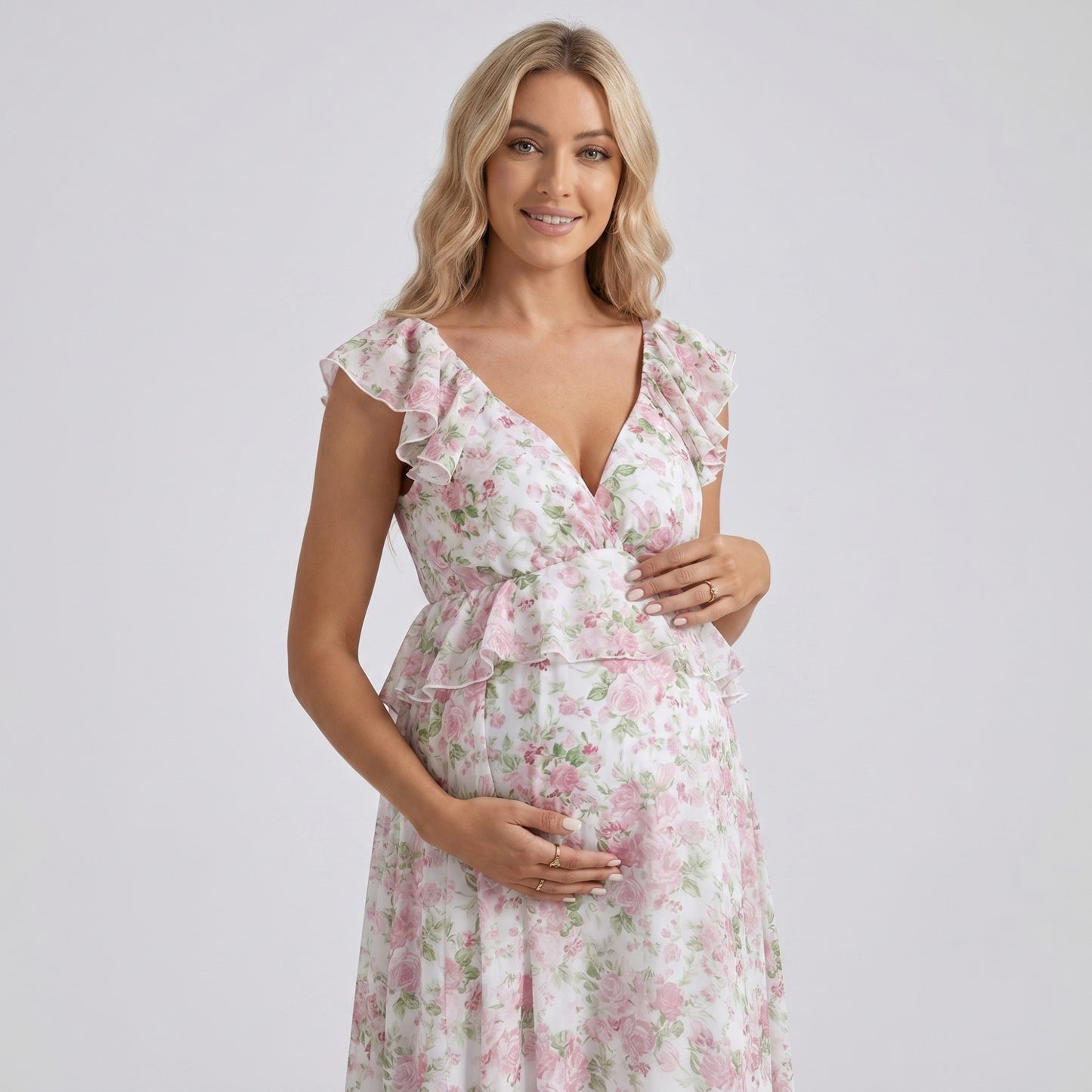 Floral Maternity Maxi Dress with Ruffle Sleeves and Empire Waist