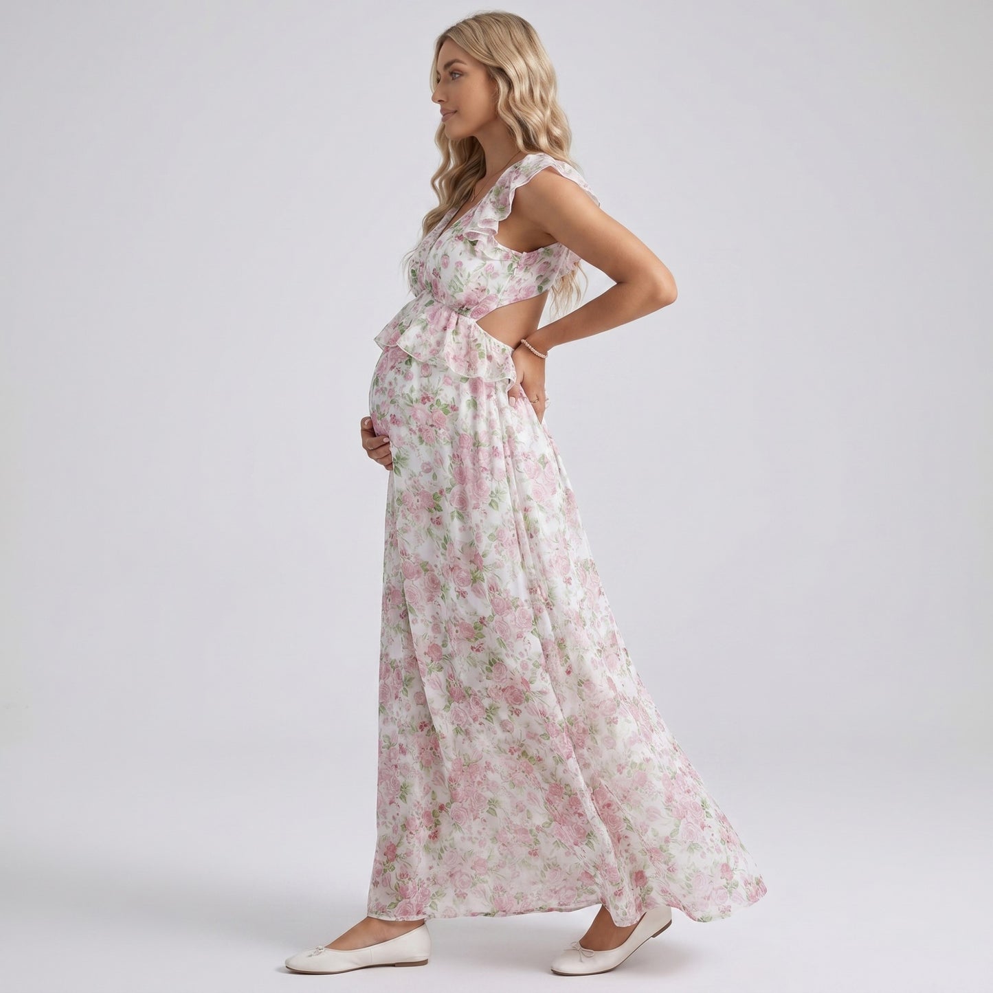 Floral Maternity Maxi Dress with Ruffle Sleeves and Empire Waist