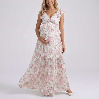 Floral Maternity Maxi Dress with Ruffle Sleeves and Empire Waist