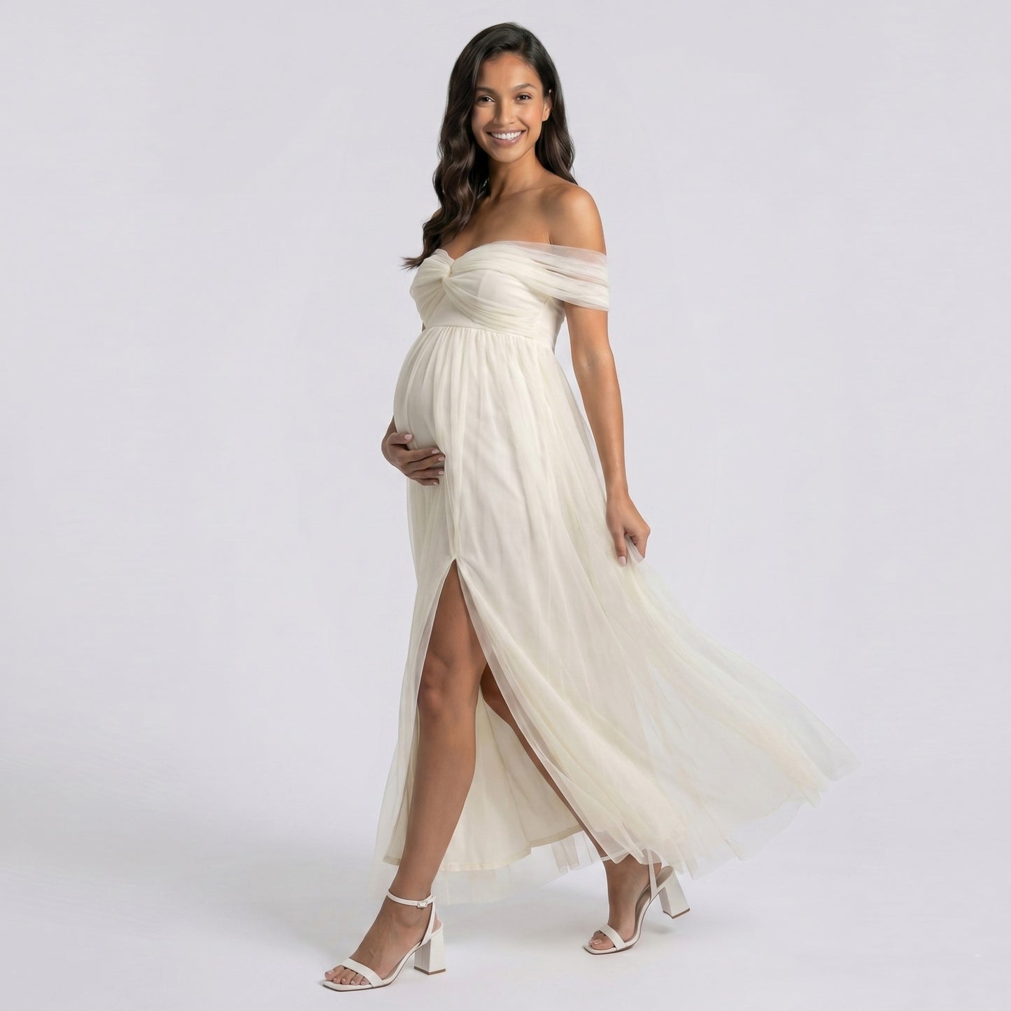 Off Shoulder Maternity Maxi Dress with Ruched Bodice and Front Slit