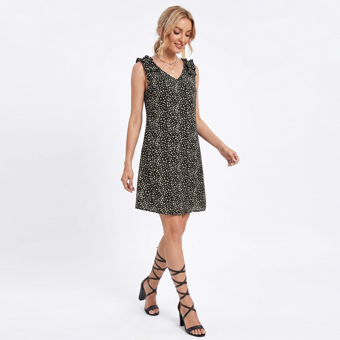 Sleeveless V Neck Mini Dress with Ruffle Shoulder Detail and Flowy Fit