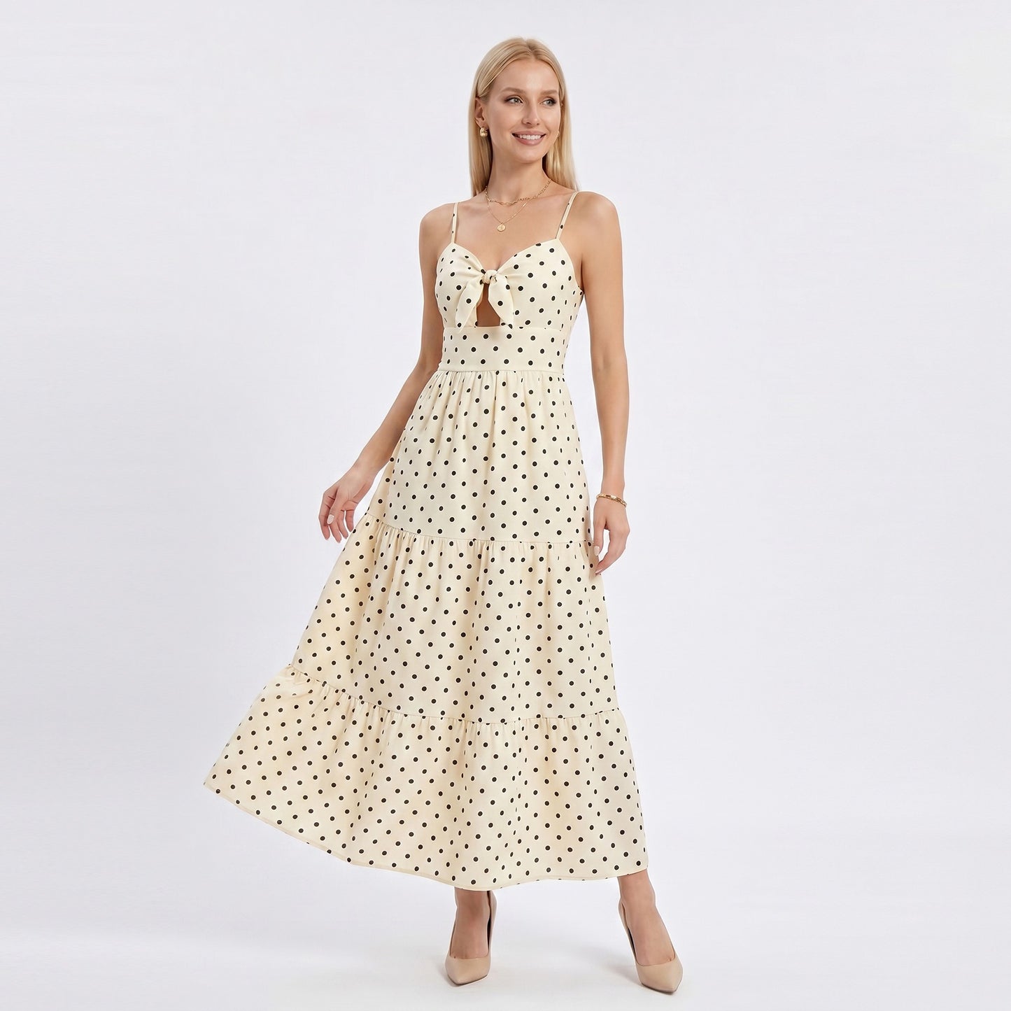 Polka Dot Maxi Dress with Tie Front Cutout and Tiered Skirt