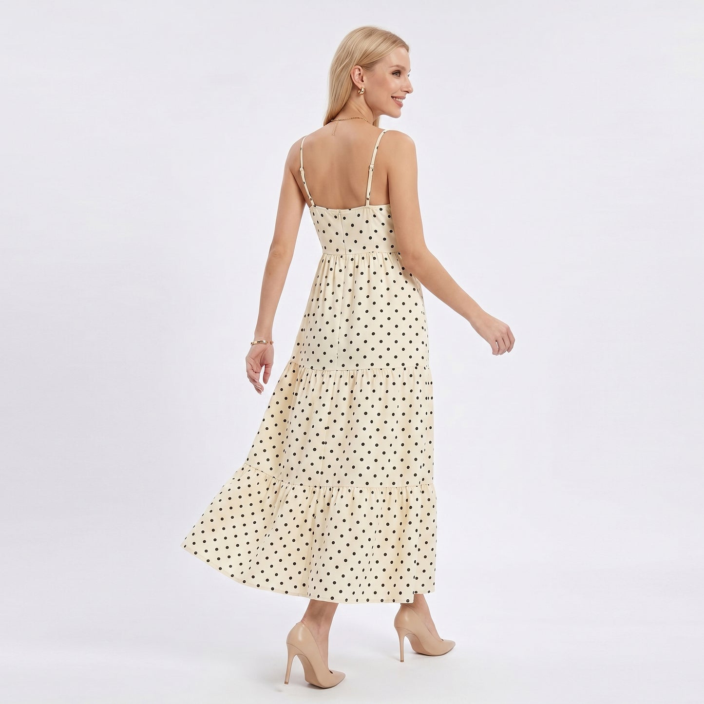 Polka Dot Maxi Dress with Tie Front Cutout and Tiered Skirt