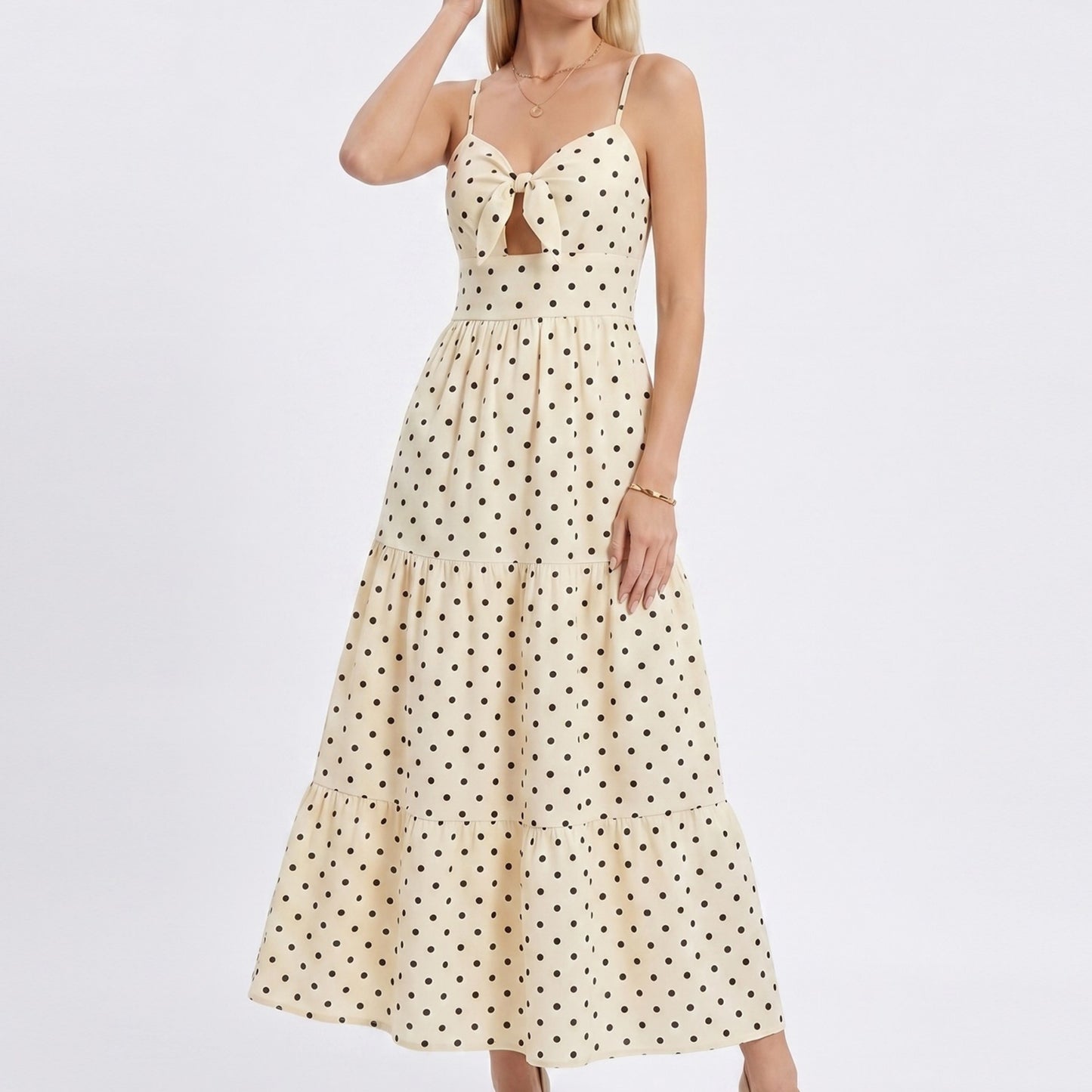 Polka Dot Maxi Dress with Tie Front Cutout and Tiered Skirt