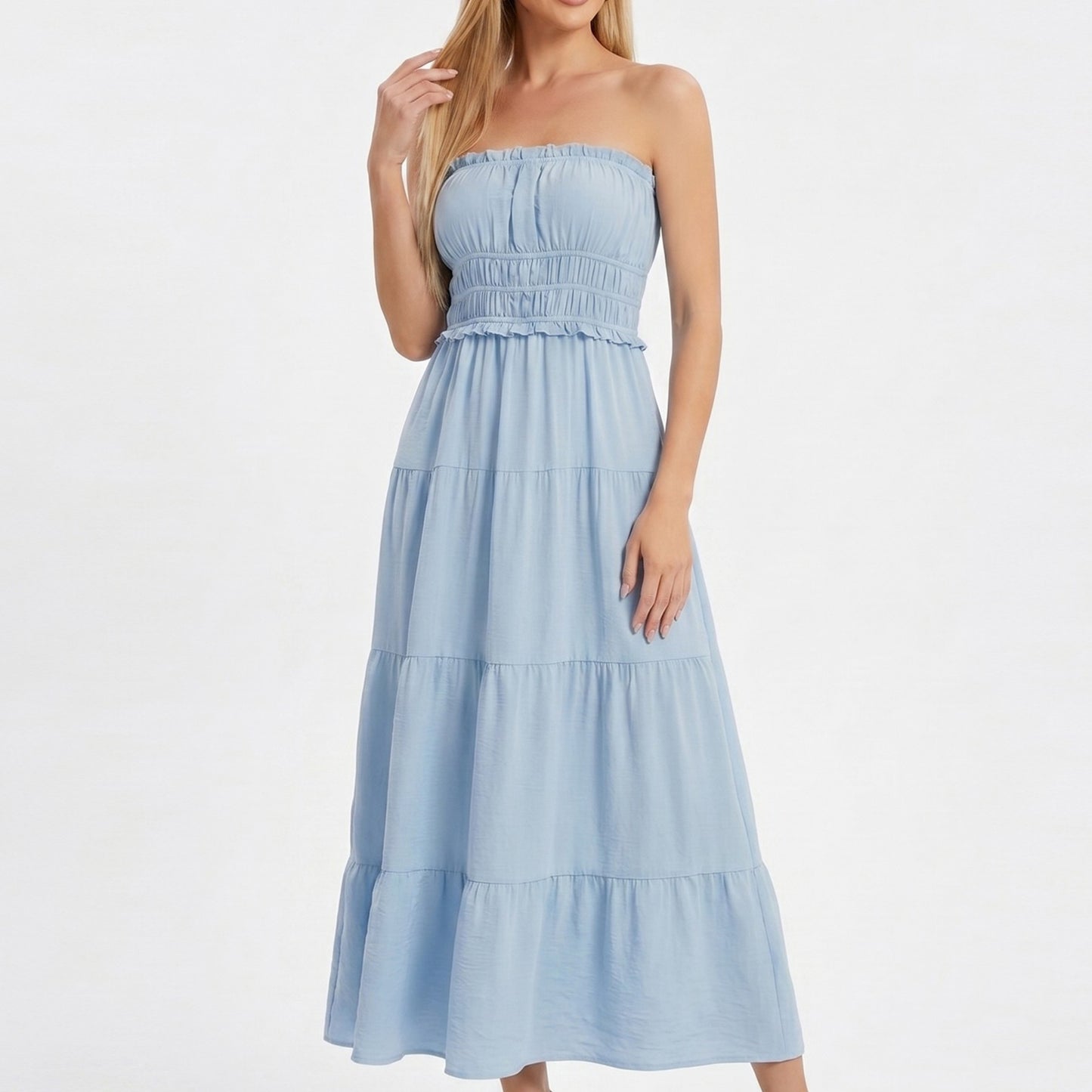 Strapless Smocked Maxi Dress with Tiered Skirt and Ruffle Trim