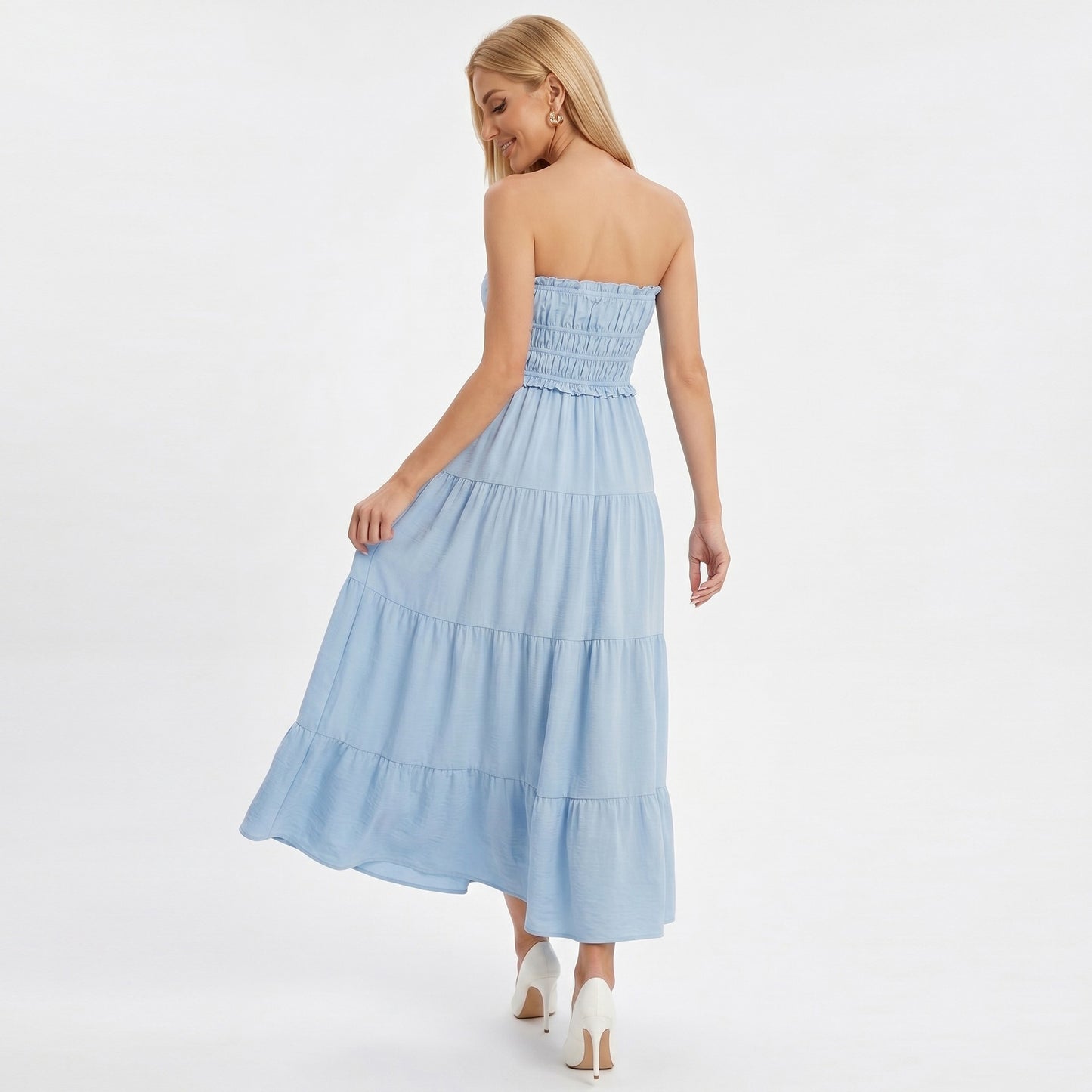 Strapless Smocked Maxi Dress with Tiered Skirt and Ruffle Trim