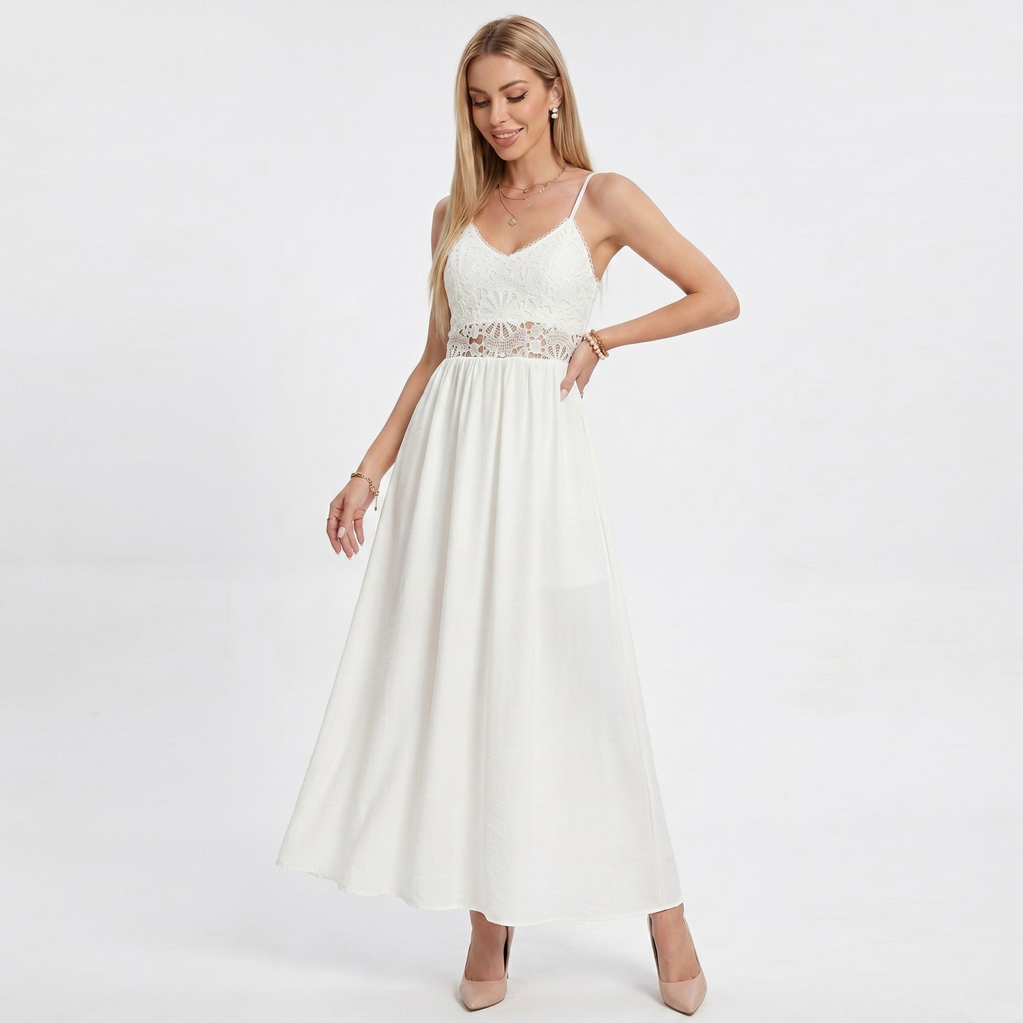 Lace Bodice Maxi Dress with Spaghetti Straps and Flowy Skirt