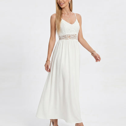 Lace Bodice Maxi Dress with Spaghetti Straps and Flowy Skirt