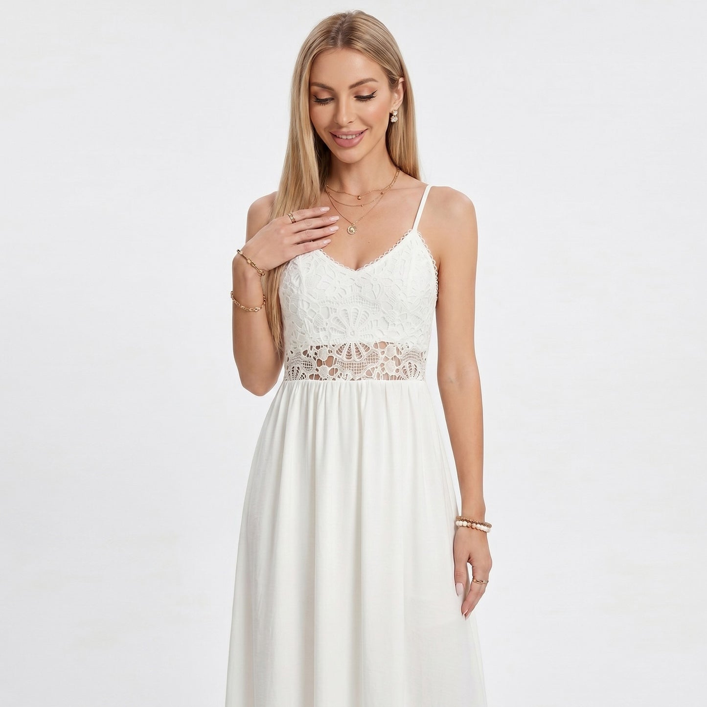Lace Bodice Maxi Dress with Spaghetti Straps and Flowy Skirt
