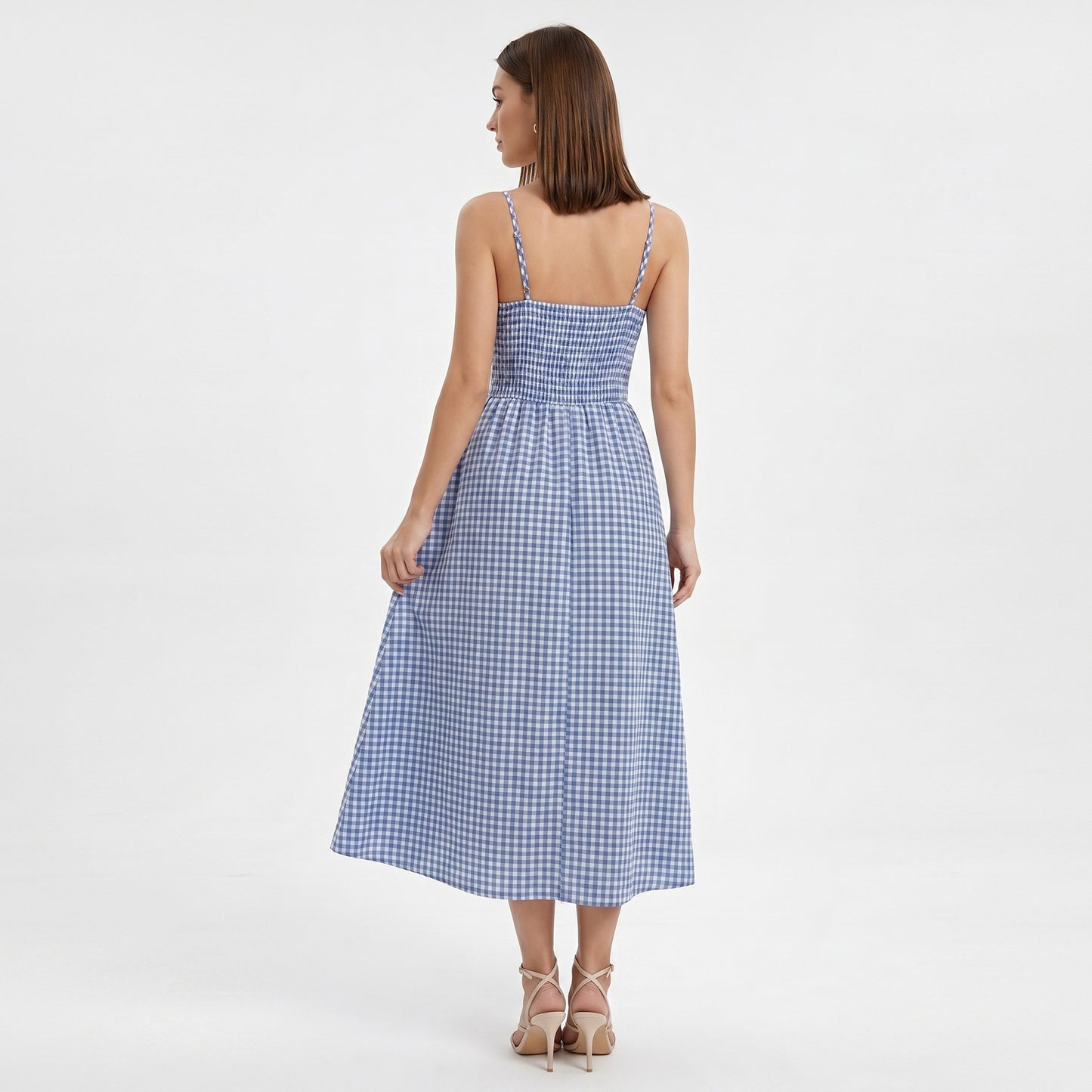 Gingham Midi Dress with Twist Front Bodice and Spaghetti Straps