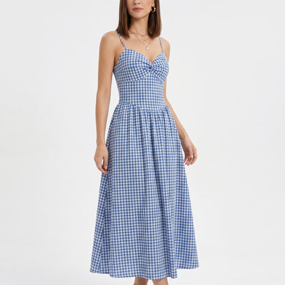 Gingham Midi Dress with Twist Front Bodice and Spaghetti Straps