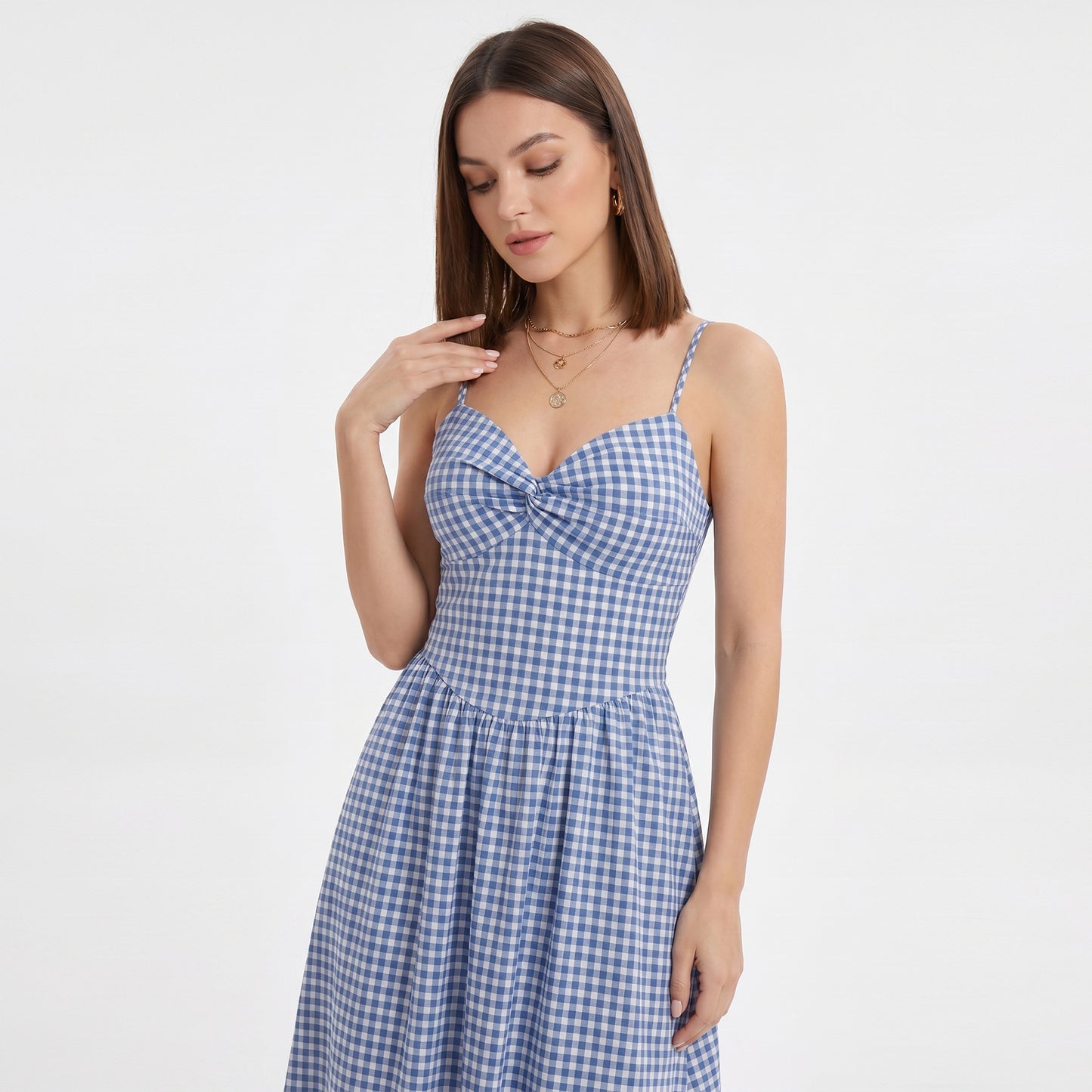 Gingham Midi Dress with Twist Front Bodice and Spaghetti Straps