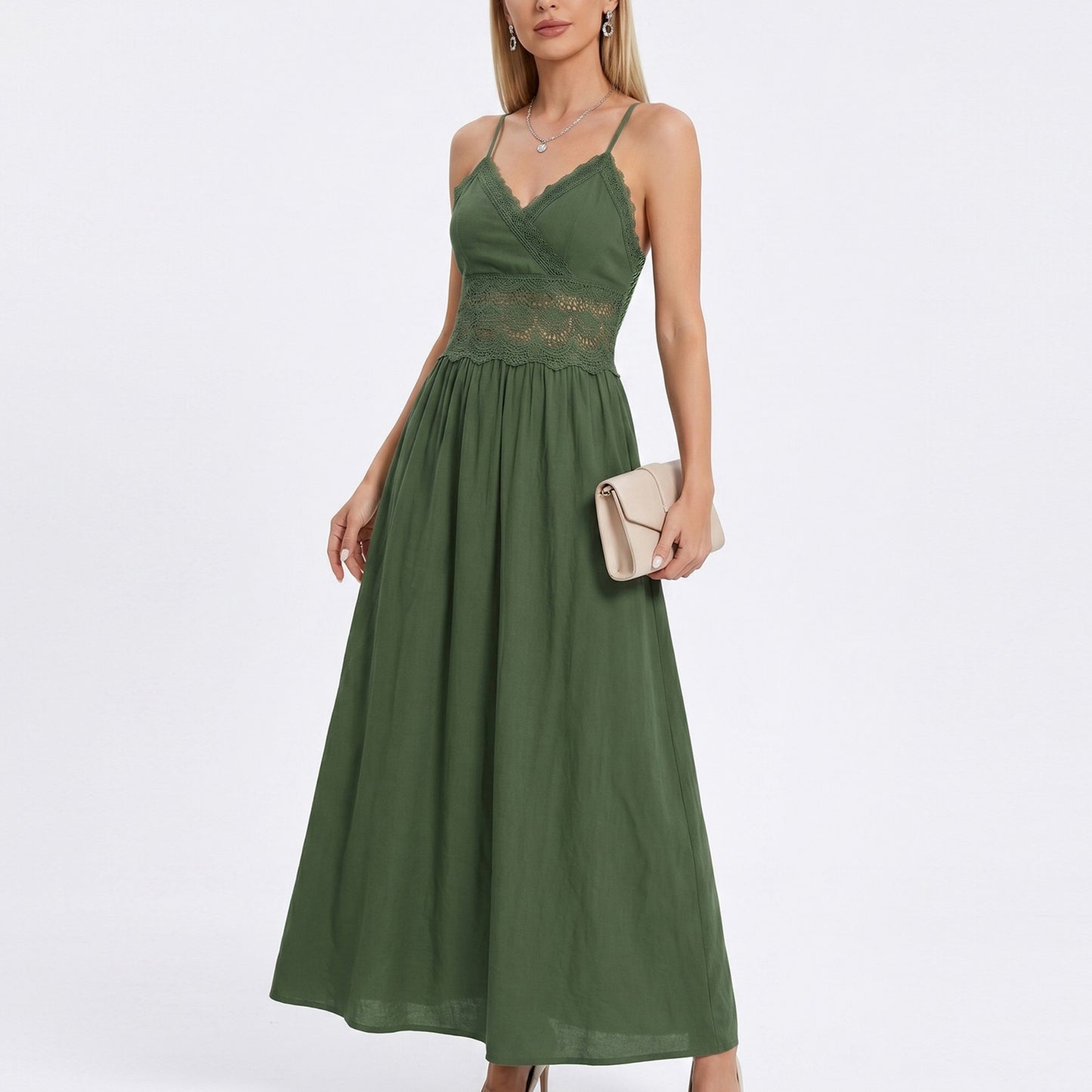Lace Waist Maxi Dress with Spaghetti Straps and Surplice V Neck Bodice