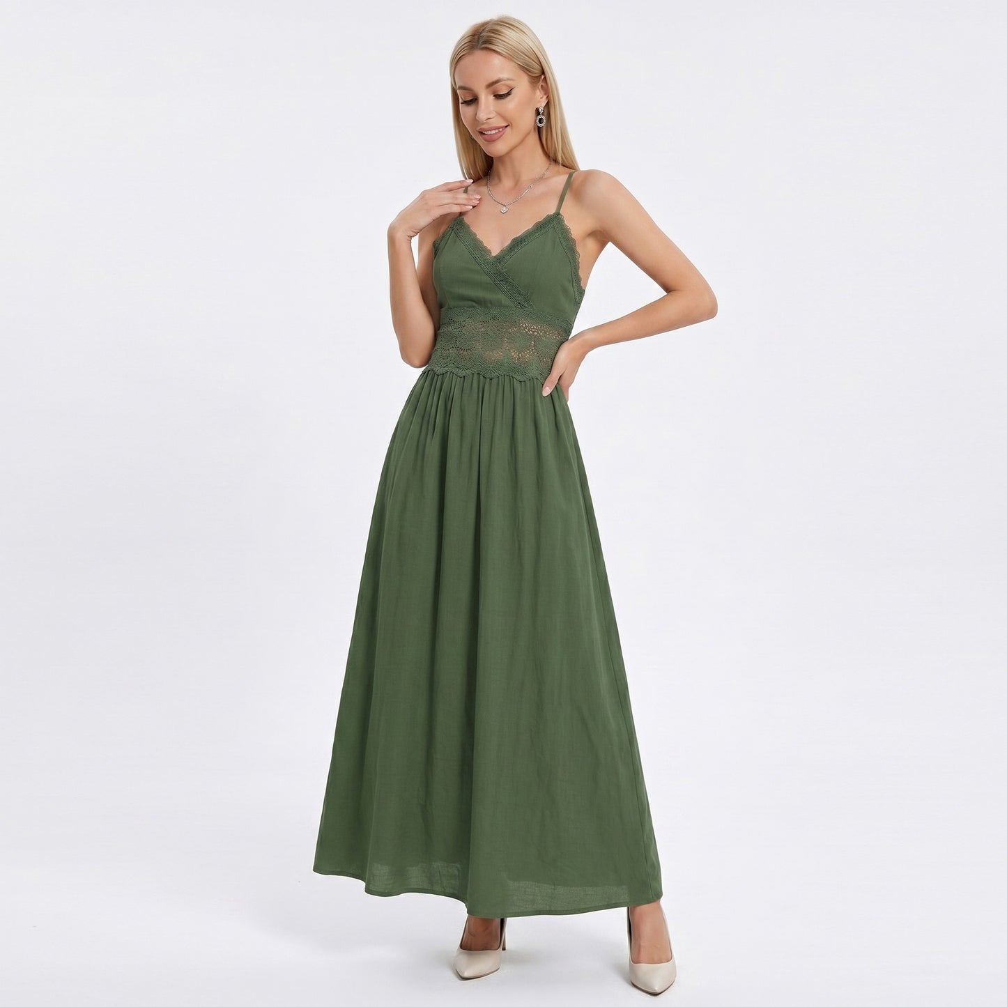 Lace Waist Maxi Dress with Spaghetti Straps and Surplice V Neck Bodice