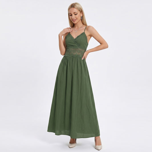 Lace Waist Maxi Dress with Spaghetti Straps and Surplice V Neck Bodice