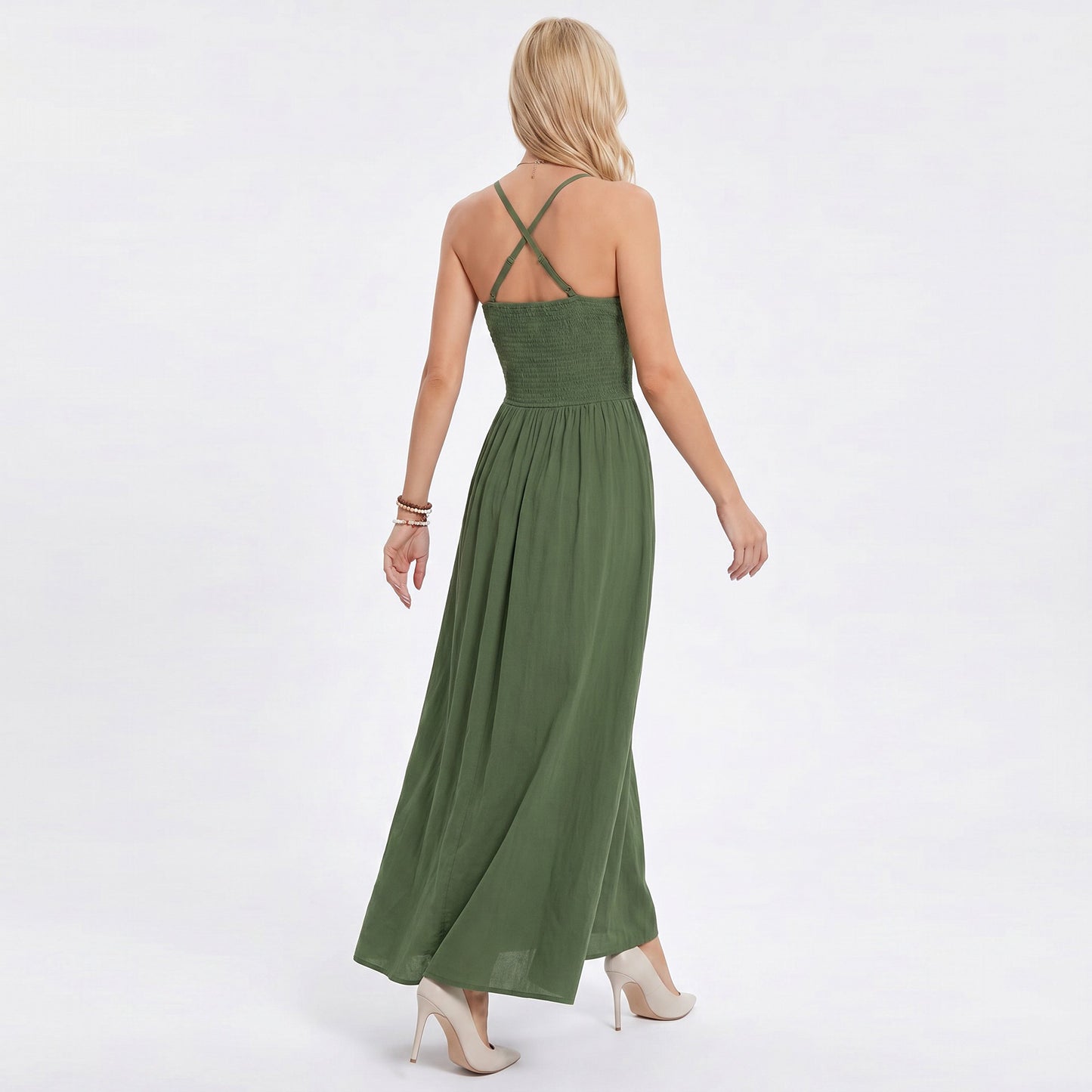 Lace Waist Maxi Dress with Spaghetti Straps and Surplice V Neck Bodice