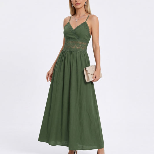 Lace Waist Maxi Dress with Spaghetti Straps and Surplice V Neck Bodice