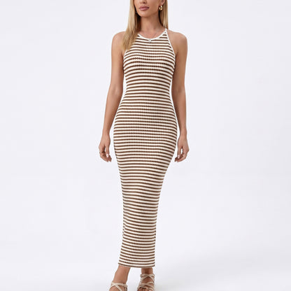 Striped Halter Maxi Dress with Open Back Tie Detail and Fitted Knit Silhouette