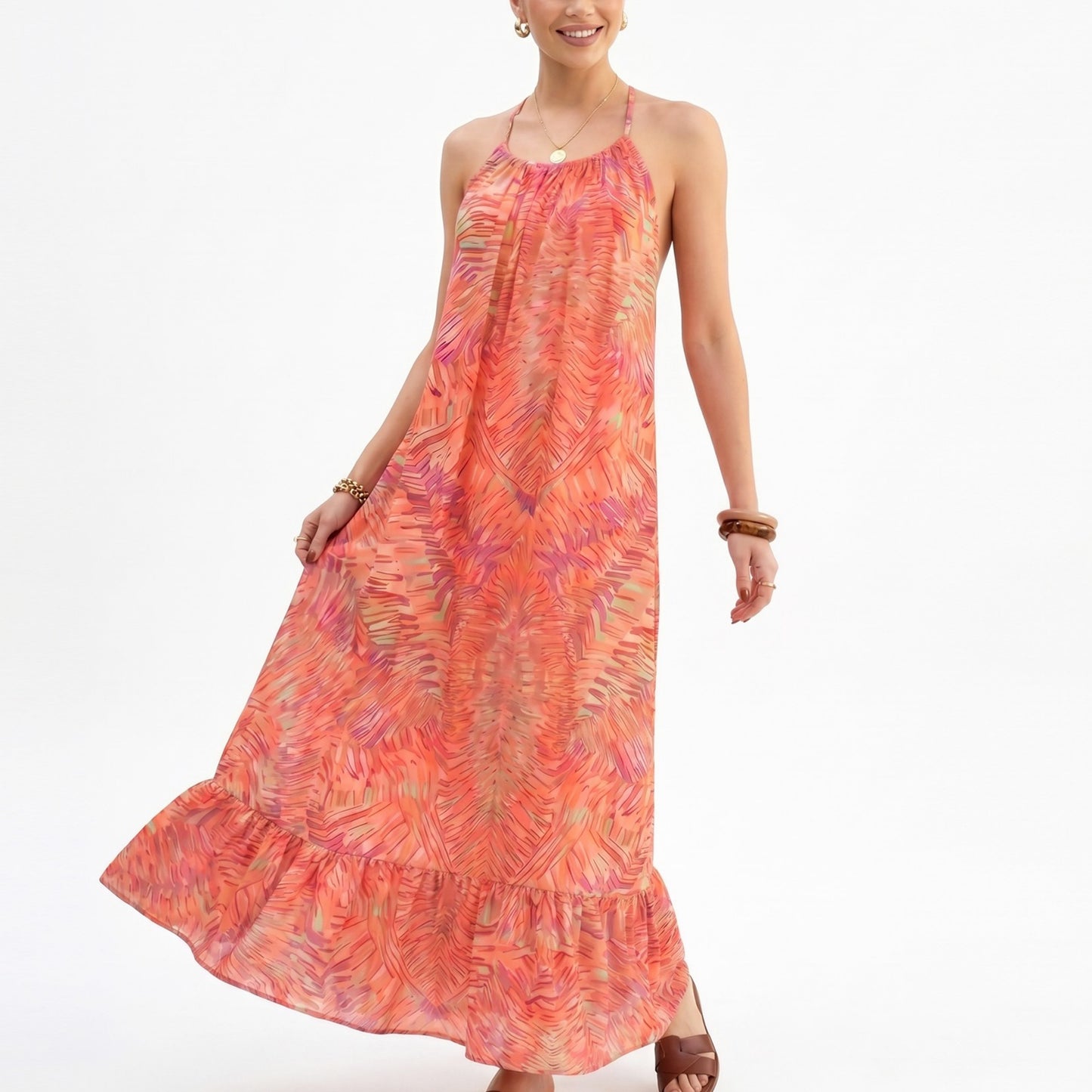 Halter Maxi Dress with Open Back Tie Detail and Ruffle Hem