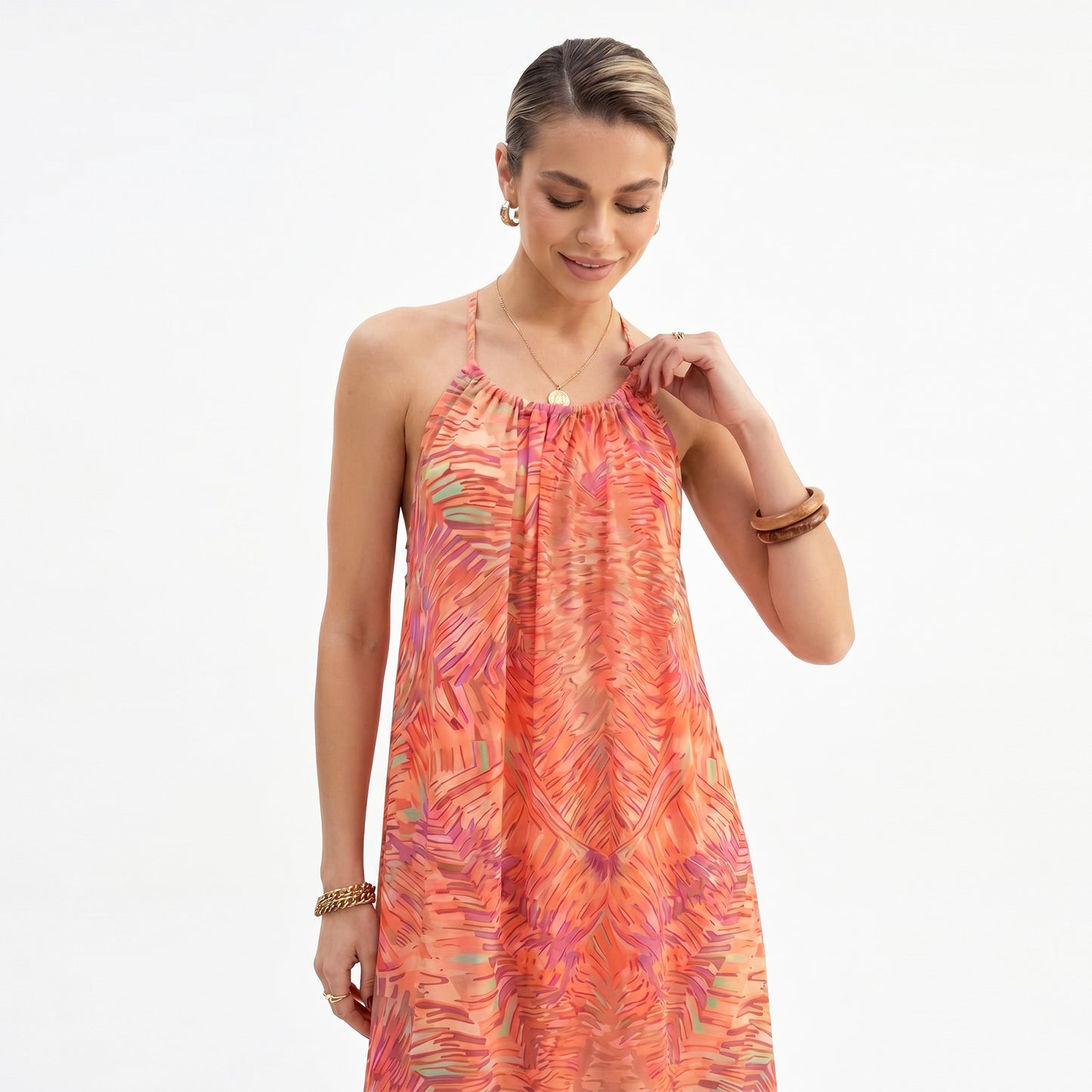 Halter Maxi Dress with Open Back Tie Detail and Ruffle Hem