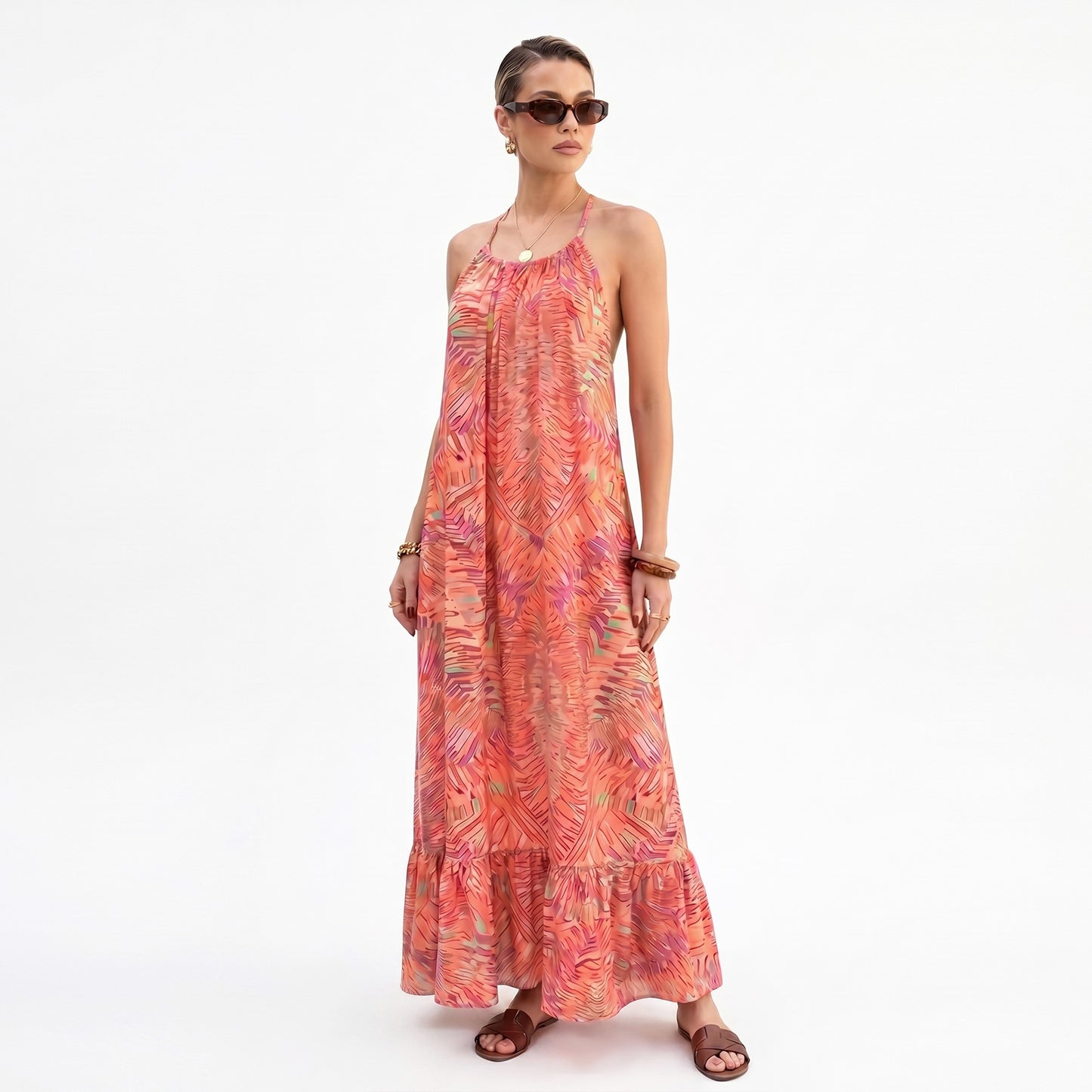 Halter Maxi Dress with Open Back Tie Detail and Ruffle Hem