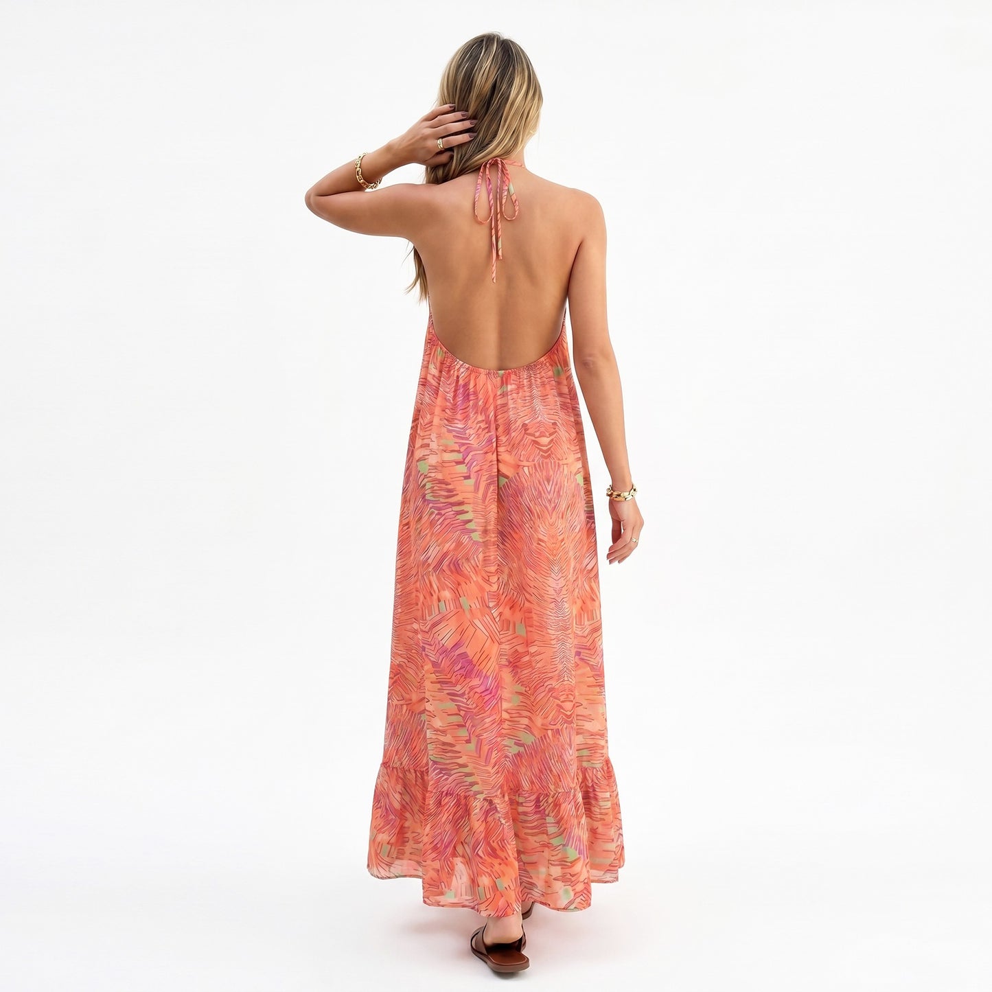 Halter Maxi Dress with Open Back Tie Detail and Ruffle Hem