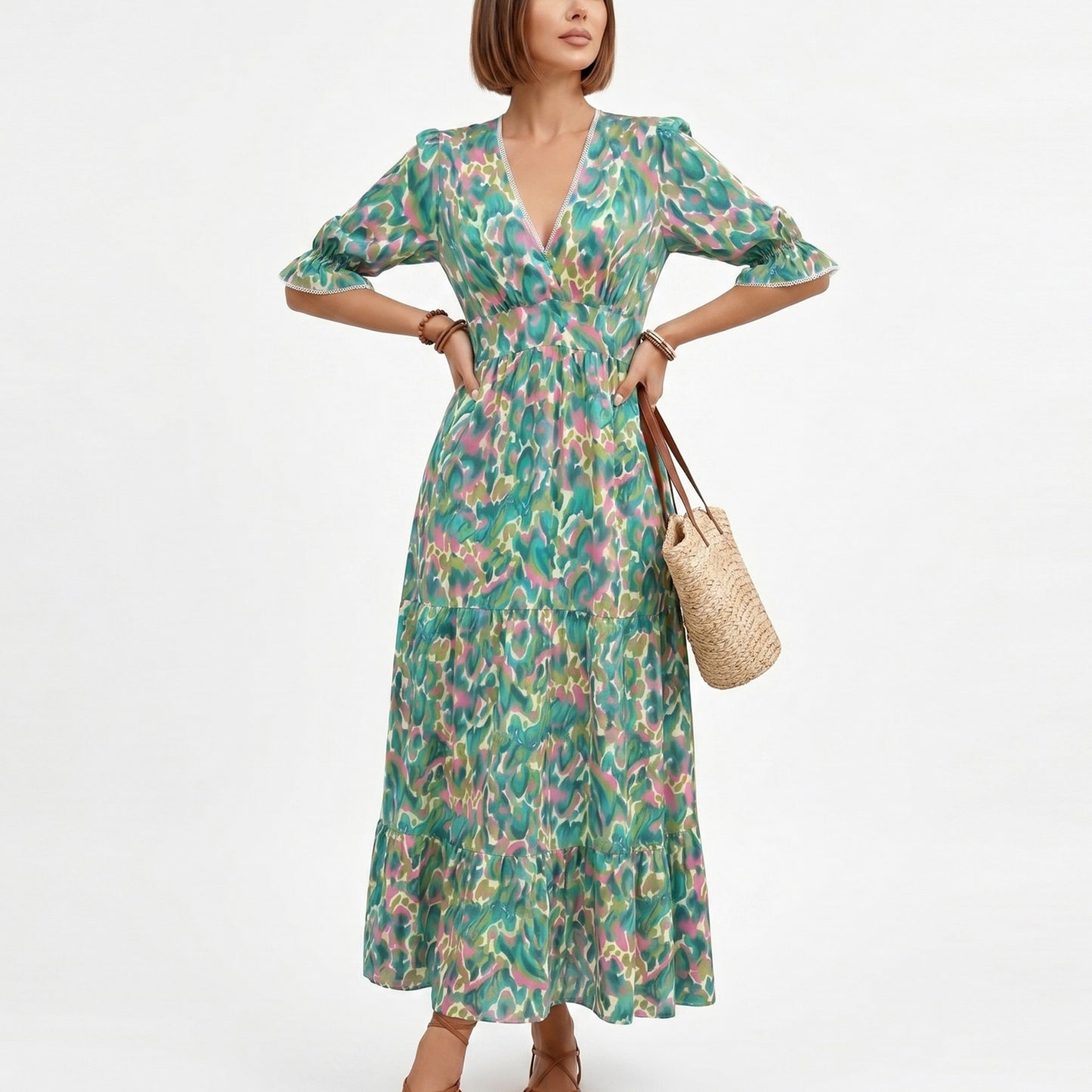 Printed Midi Dress with V Neckline Smocked Waist and Tiered Skirt