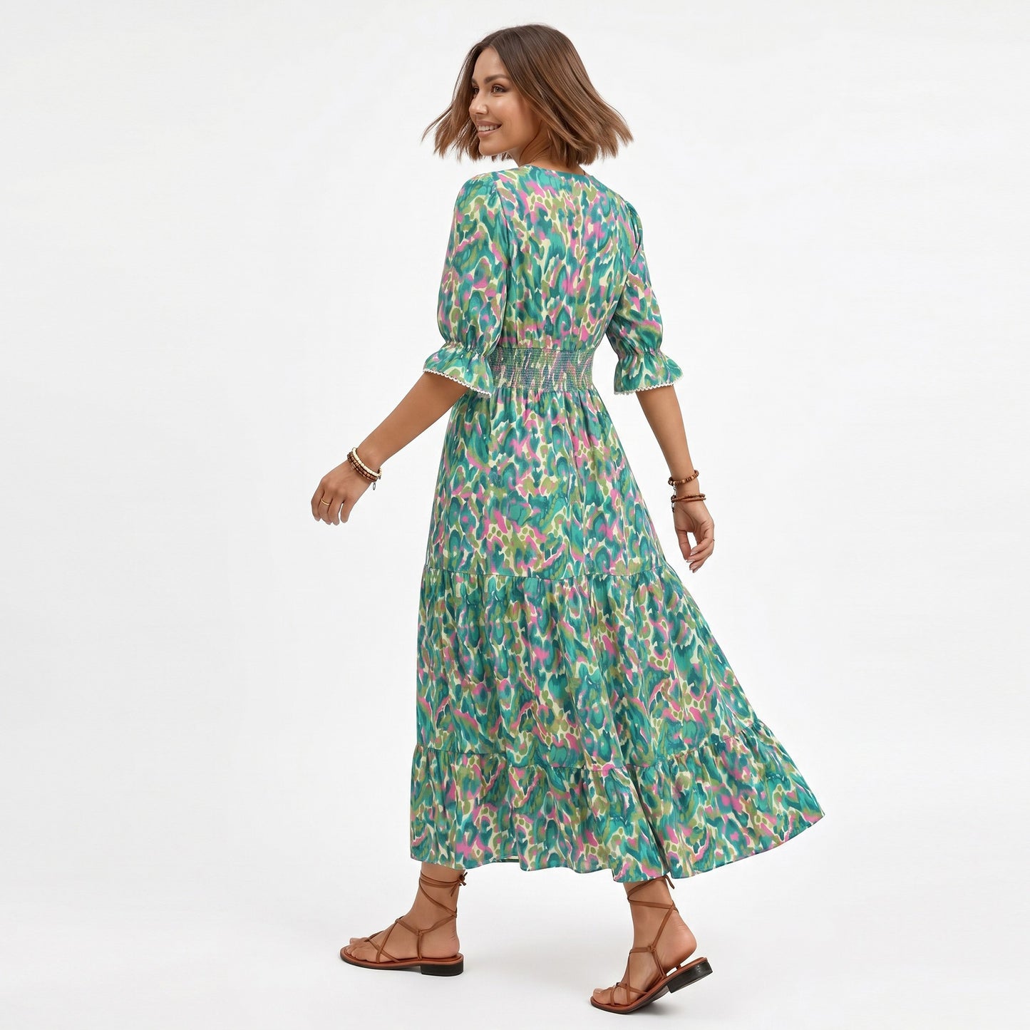 Printed Midi Dress with V Neckline Smocked Waist and Tiered Skirt