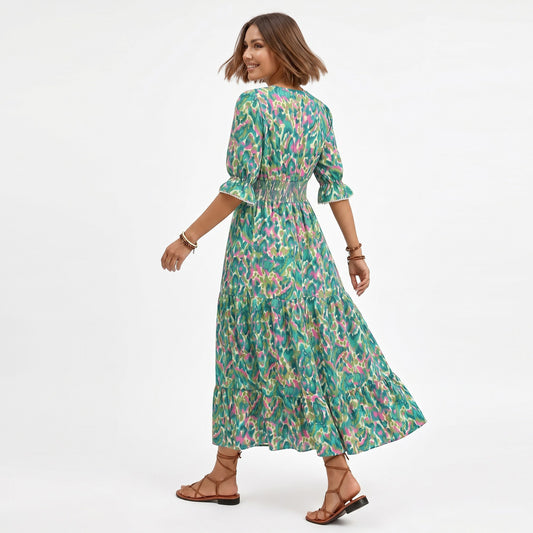 Printed Midi Dress with V Neckline Smocked Waist and Tiered Skirt