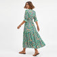 Printed Midi Dress with V Neckline Smocked Waist and Tiered Skirt
