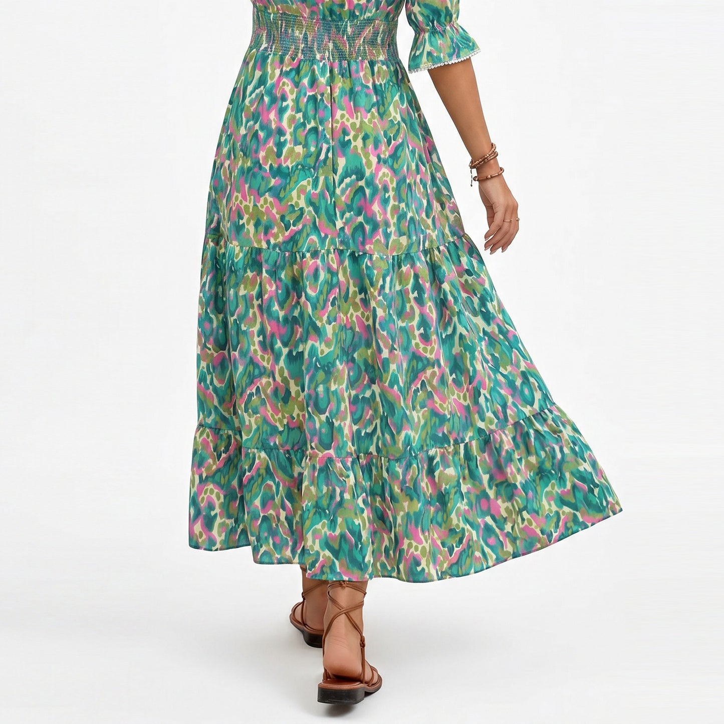Printed Midi Dress with V Neckline Smocked Waist and Tiered Skirt